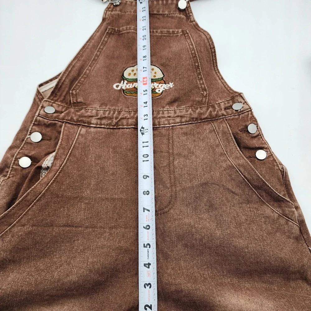 Embroidered Hamburger Logo‎ Denim Overalls Jeans Brown  Women's S RARE